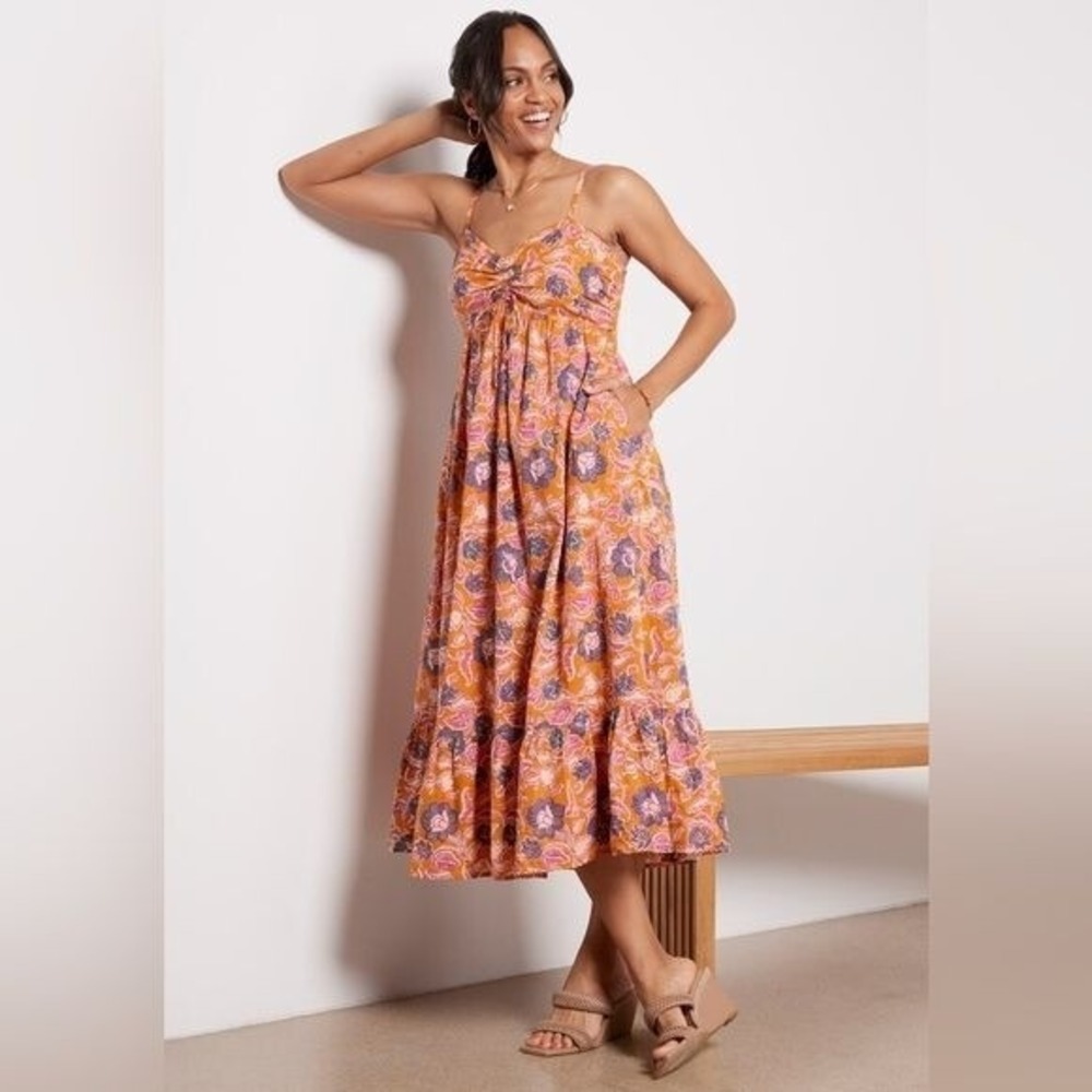 Cleobela || Oliana Cotton Floral Midi Dress‎ in Tropique Orange Small